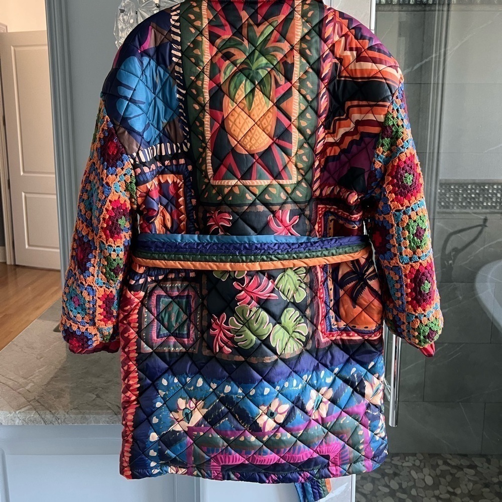 FARM RIO Patchwork Tapestry Crochet-Sleeve Puffer Jacket - Picture 12 of 14